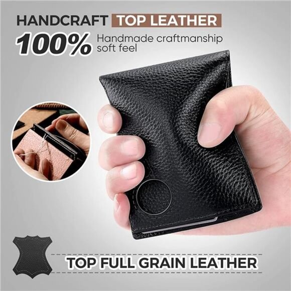 AirTag Wallet for Men, Top Grain Leather Wallet with 2 ID Window (Black) - Picture 4 of 6